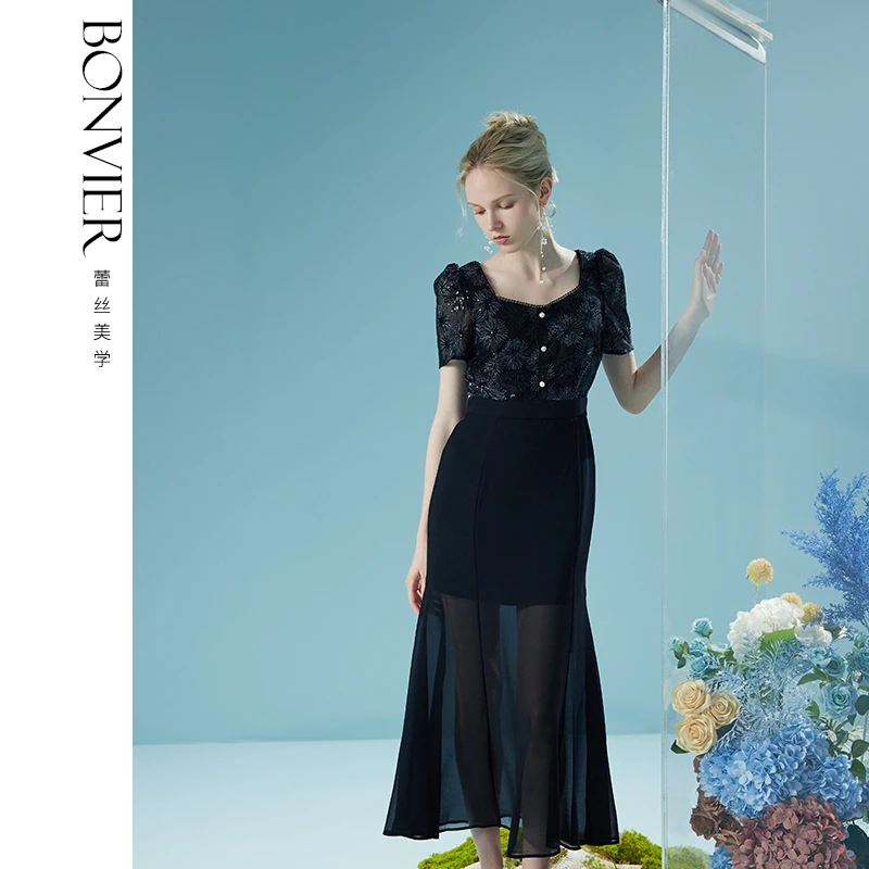 黑曜之恋 泡泡袖方领复古蕾丝连衣裙网纱法式女装6223