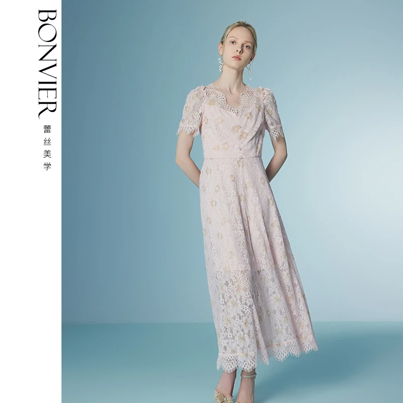 花漾丝语蕾丝拼接连衣裙优美气质法式长裙6210