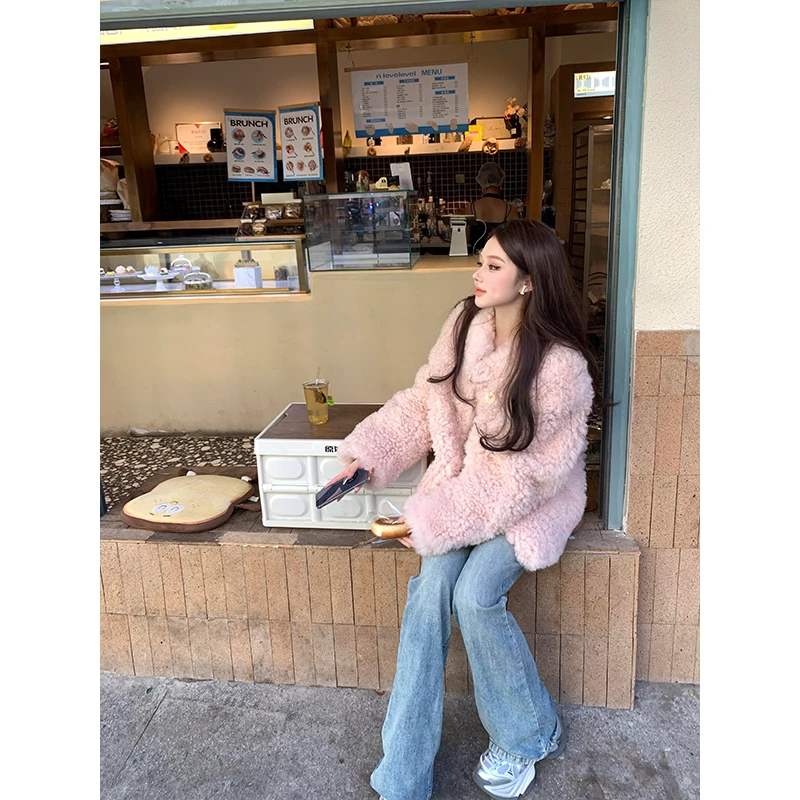 2025春季新款甜美气质宽松百搭保暖外套女时尚高腰水洗蓝色牛仔裤