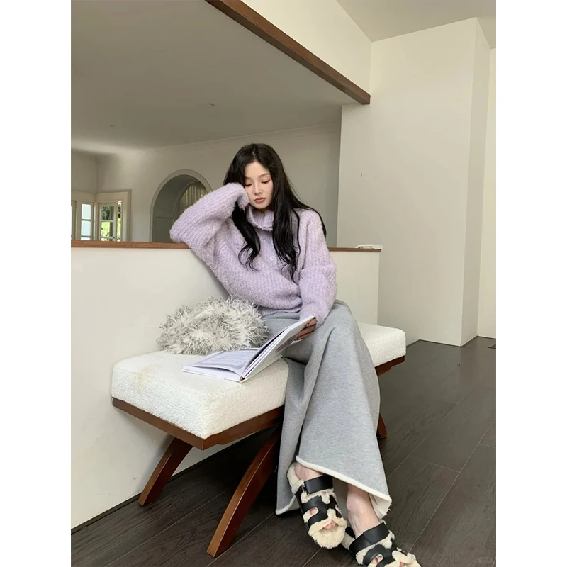 2025春季新款韩系百搭简约翻领长袖纽扣毛衣开衫外套高腰半身裙女