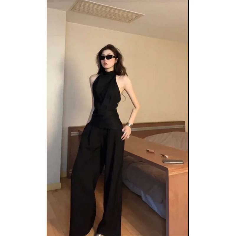 2025夏季新款时尚设计感性感辣妹挂脖露肩背心上衣高腰休闲阔腿裤