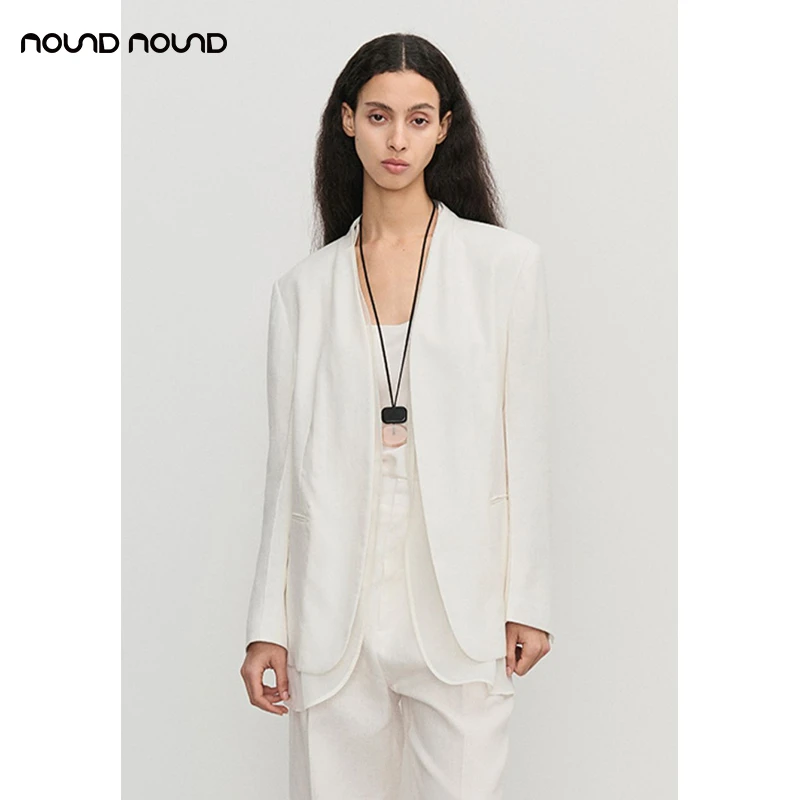 【CONCISE WHITE简白】nound买手店白色无领拼纱西服女24早秋新款