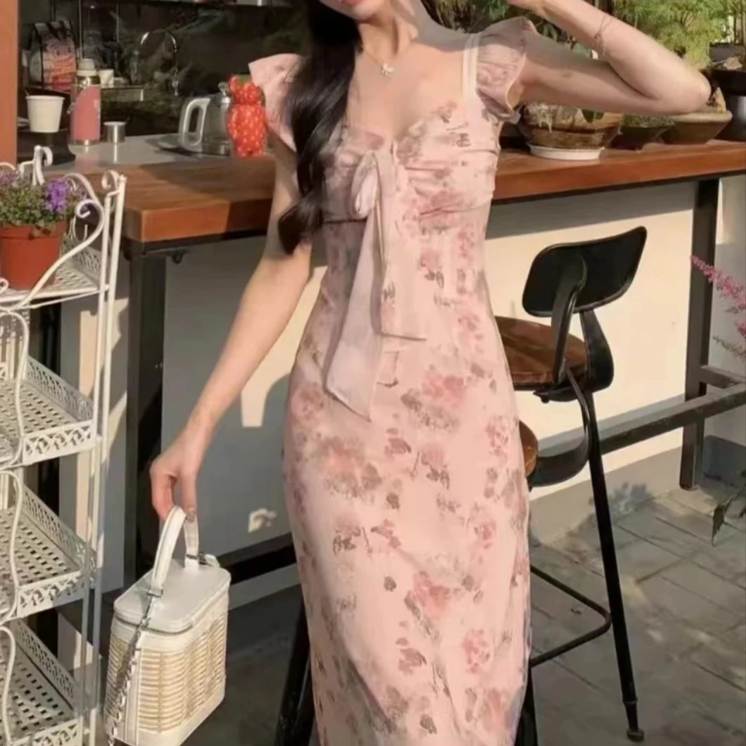 新款晕染印花绑带设计小飞袖吊仙气连衣裙