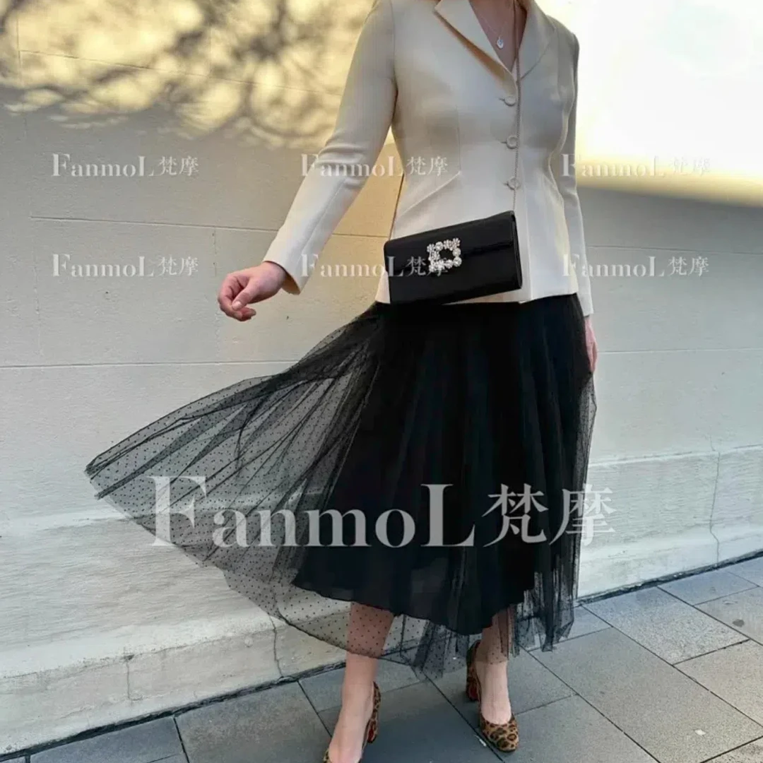 未开价～黑色郁金香花苞大裙摆透视波点高腰优雅网纱百褶半身裙