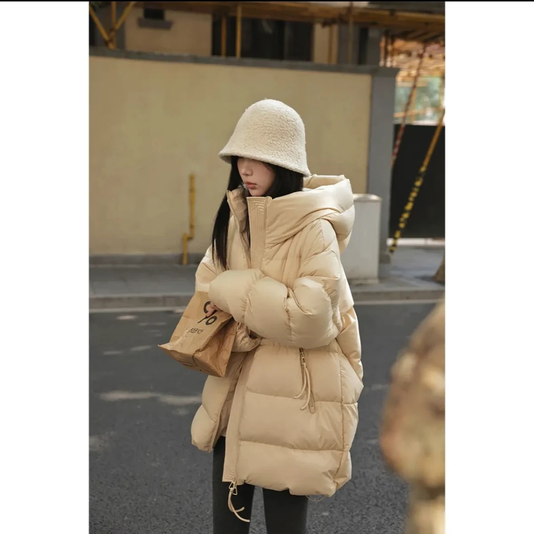 90鹅绒服中长款休闲宽松加厚连帽立领冬季小个子时尚轻保暖羽绒服
