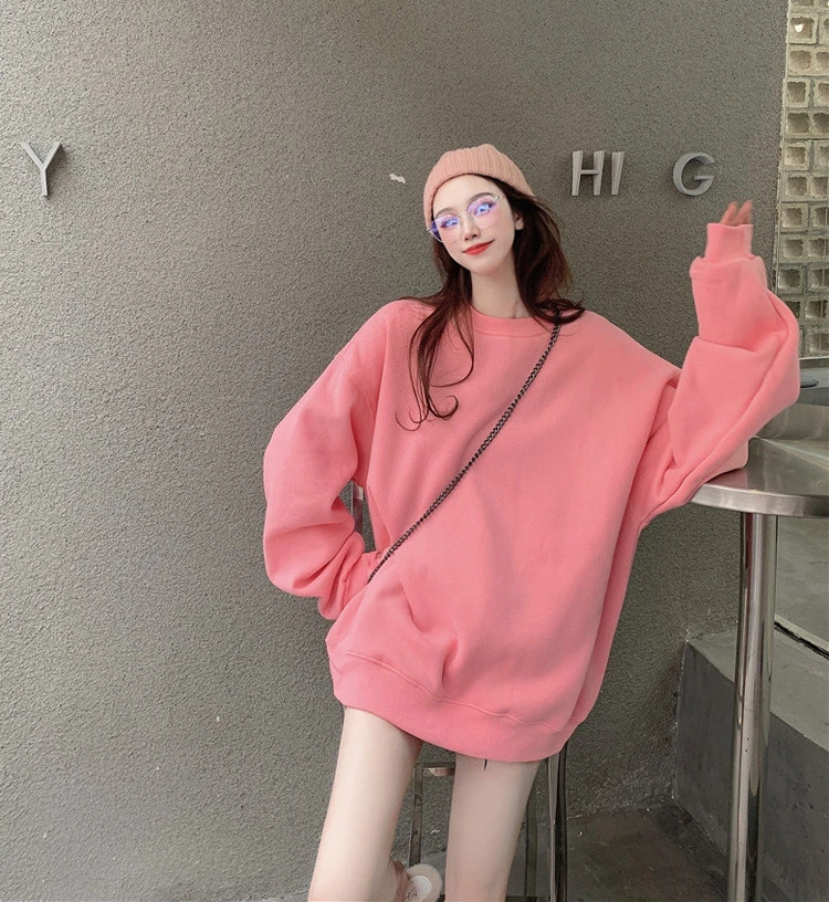 2024加绒新款圆领套头无帽中长款百搭宽松bf慵懒风卫衣女秋冬