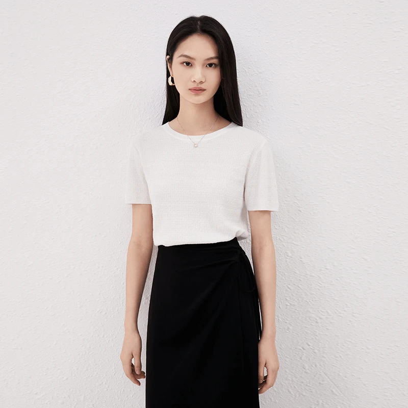 TKY SHOP春时尚圆领线套衫女季白色简约短袖恤针织衫10G1HF05D107
