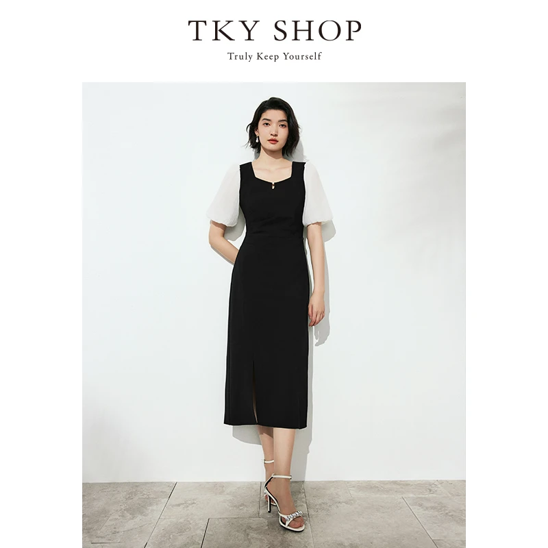 TKYSHOP简约拼接撞色泡泡袖夏季款连衣裙慵懒极简风 10H1YA01E104