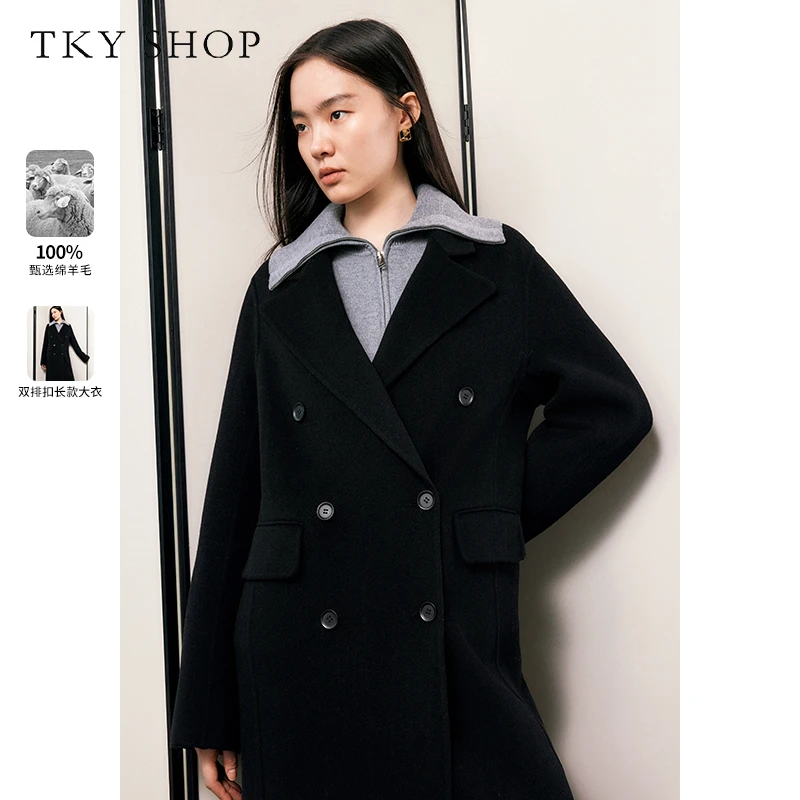 TKYSHOP【黑曜石】经典老钱风100绵羊毛双排扣长款大衣10G1GA04Z200