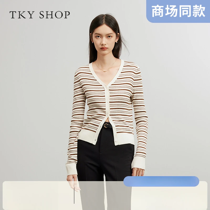 TKYSHOP【商场同款】秋新品条纹撞色线V领开衫10G1HE02N006