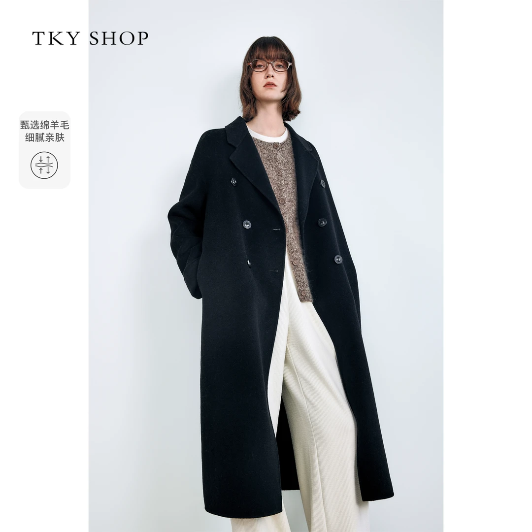 TKYSHOP暗黑风满分绵羊毛双面冬款通勤系带毛呢外套 10H1GA00D007