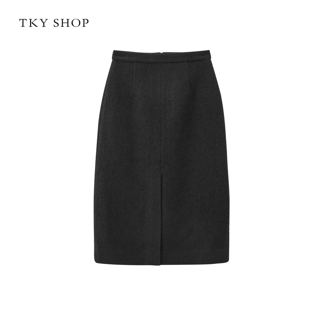TKYSHOP半身裙女法式高级感黑色毛呢直筒裙中长款10G1SA03S059