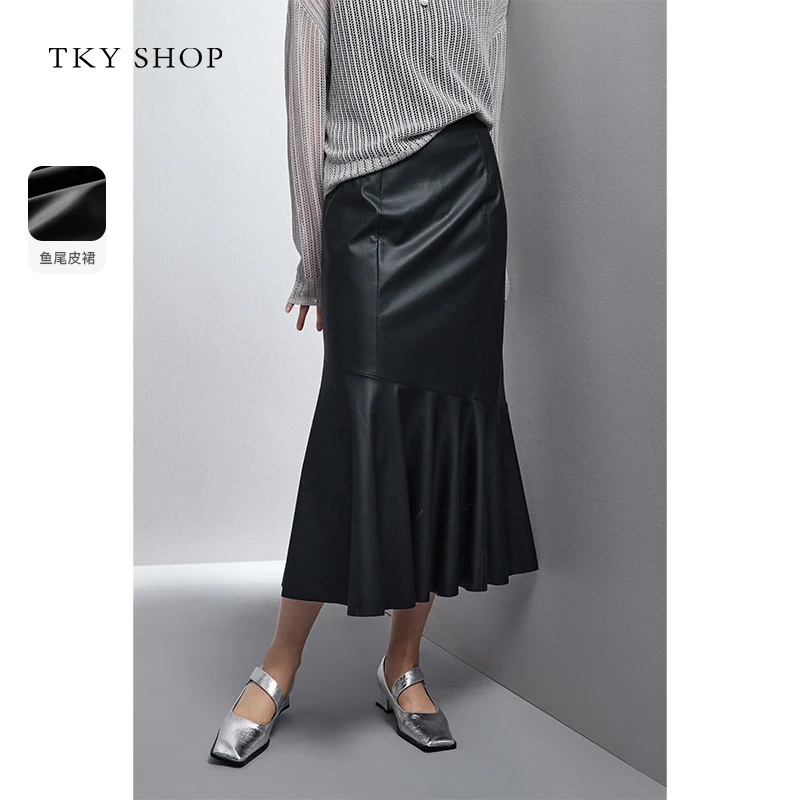 TKYSHOP时尚PU鱼尾裙女气质显瘦秋冬不规则A字半身裙10H1BJ01M013