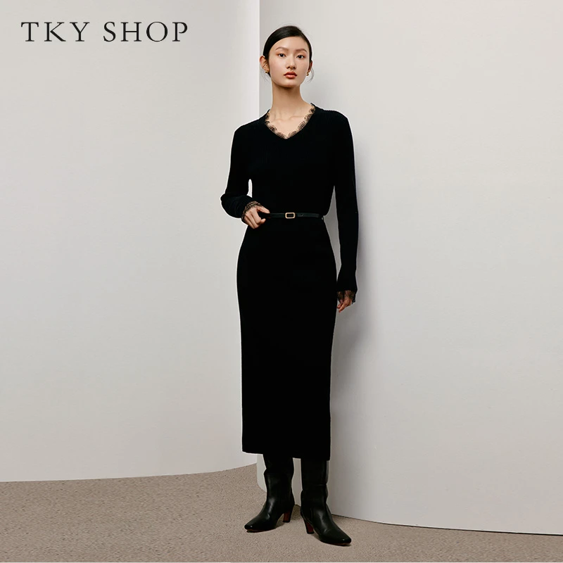 TKYSHOP纯色显瘦气质时尚秋冬打底纯羊毛女装连衣裙10F1KL03T137