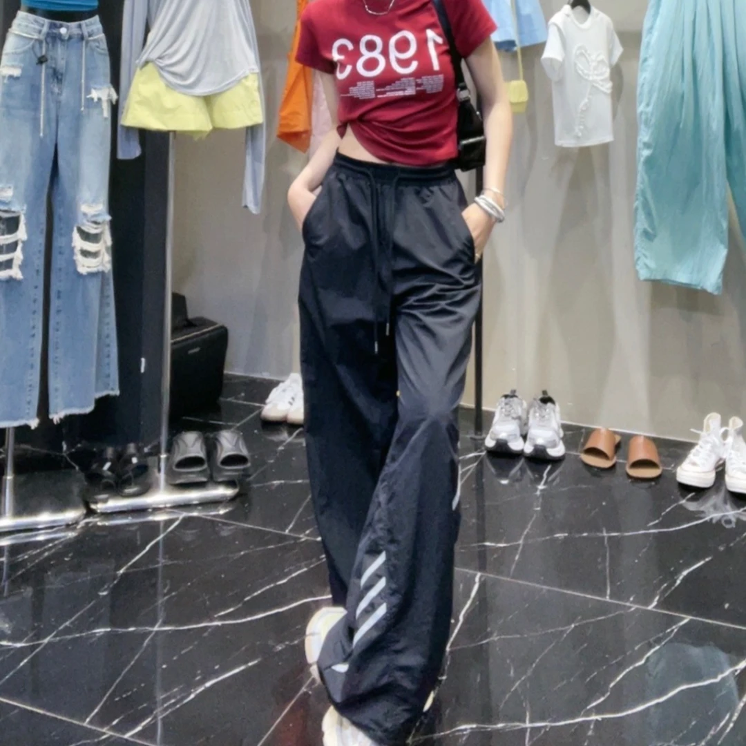 YOYO自制【三条杠】三条杠高街运动裤女夏季宽松直筒阔腿裤休闲裤子