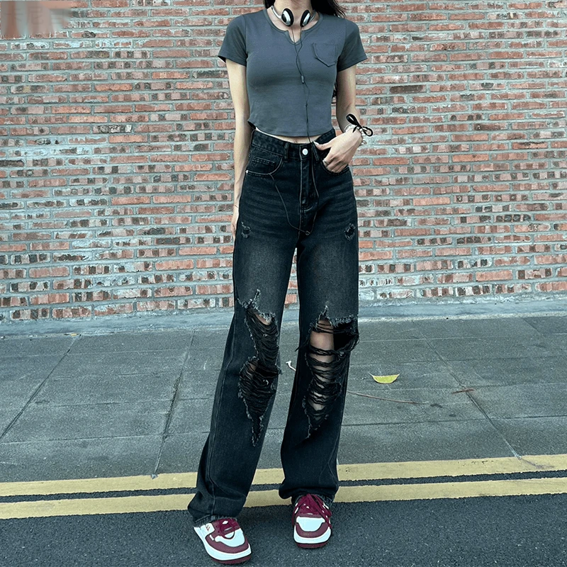 2025秋季美式高街修身高腰宽松黑灰毛边牛仔裤女显瘦开叉破洞裤女