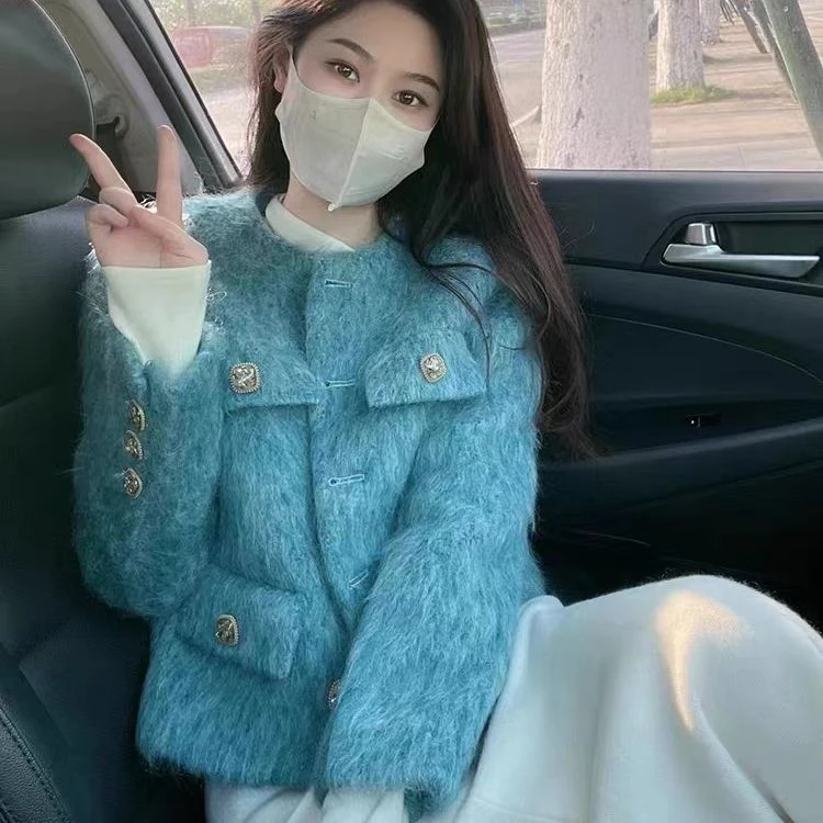 DIFSD蓝色小香风外套女冬天年新款高端名媛水貂宽松加厚冬季上