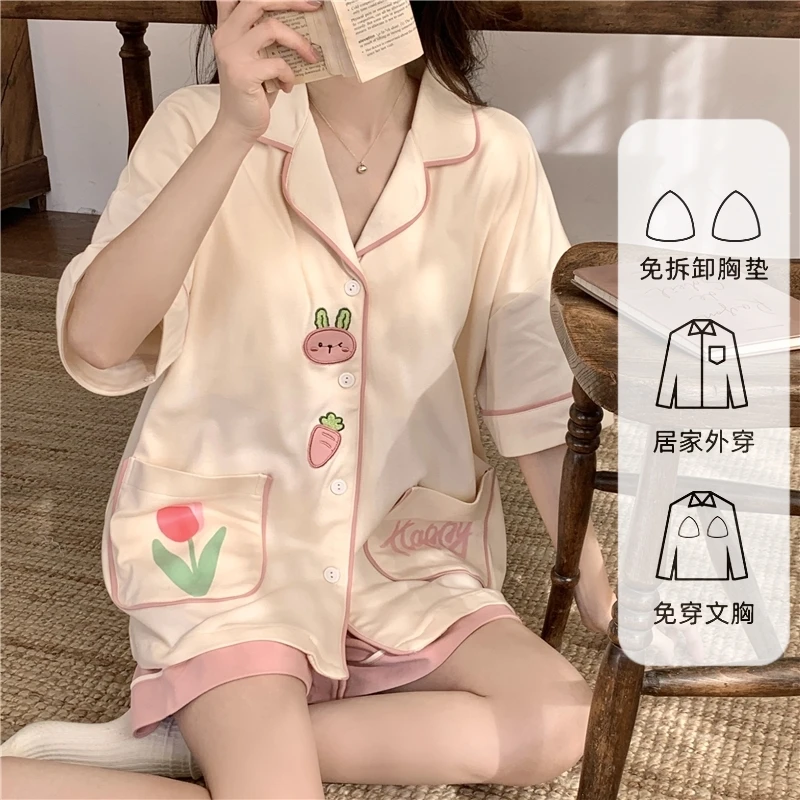 夏季带胸垫纯棉睡衣女套装2024新款短袖短裤薄款可爱卡通风家居服
