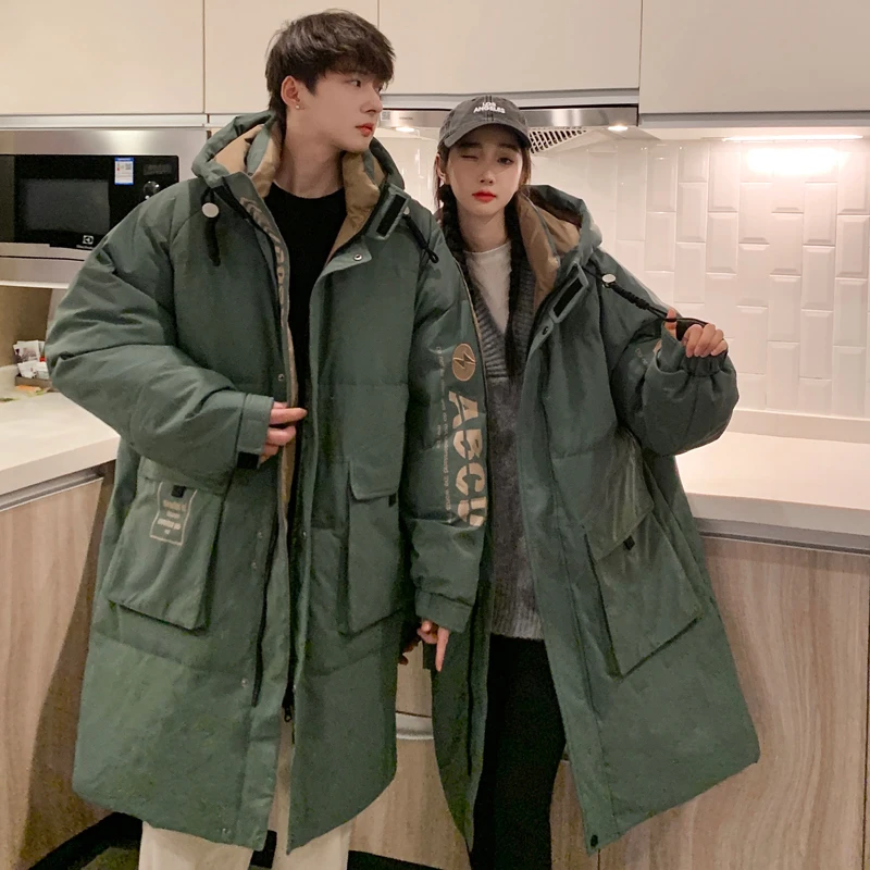 中长款情侣防寒服男女过膝冬季新款港风宽松潮牌加厚保暖工装外套