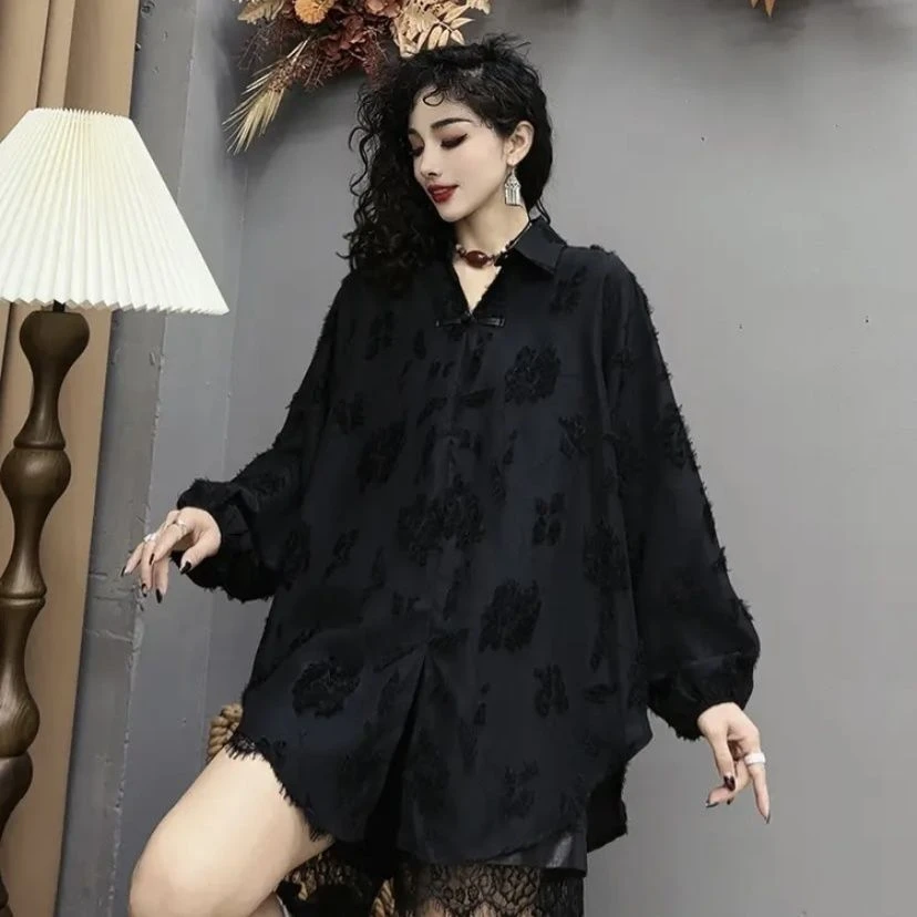 国风2024春季新款新中式盘扣衬衫流苏宽松纯色休闲百搭长袖上衣女