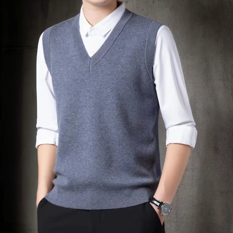 特厚款100%羊毛正品轻奢新款男士绵羊毛保暖马甲秋冬v领纯色秋季