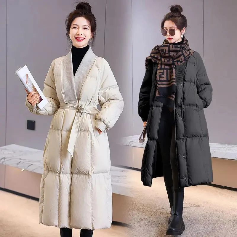 雪中飞过膝羽绒大衣2022最新款大V领时尚气质中长款羽绒服外套女