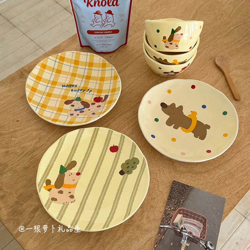 ins可爱奶油色腊肠狗饭碗圆盘餐具高颜值家用学生水果8寸盘沙拉碗