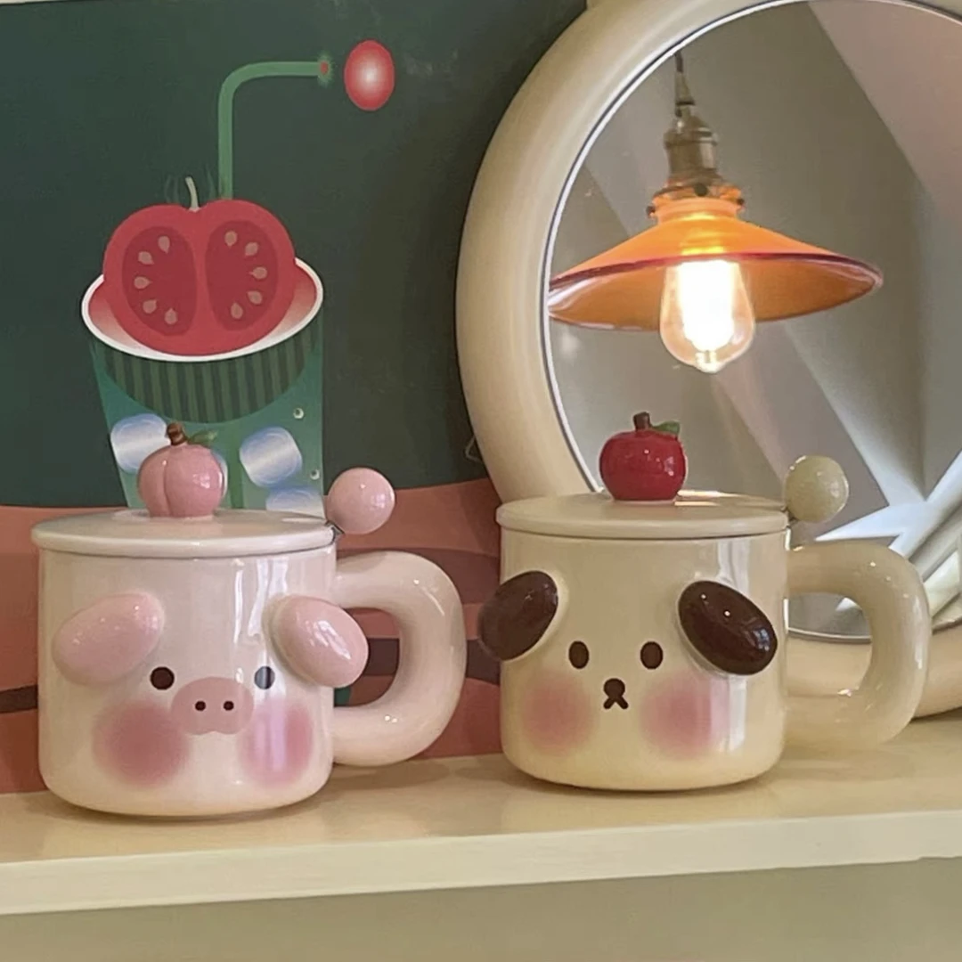 卡通可爱少女心狗狗马克杯陶瓷杯礼物家用宿舍带盖情侣杯生日礼物