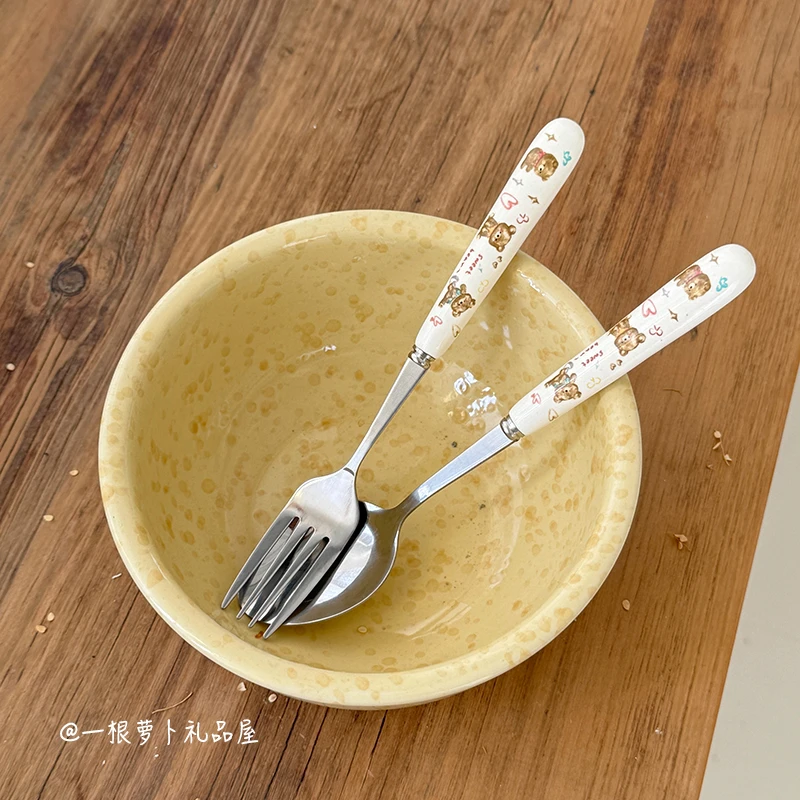 ins可爱奶油小熊不锈钢叉子勺子一人套装学生便携餐具办公室饭勺