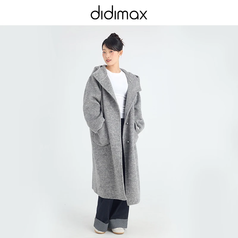 didimax冬季新款灰色双面毛呢大衣女简约优雅休闲长款上衣W30681