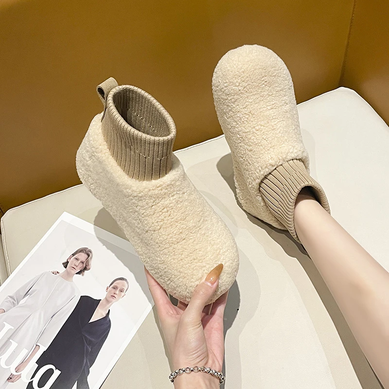 【万达撤柜】针织拼接套筒羊羔毛棉鞋女2024新款冬季加绒保暖雪地靴