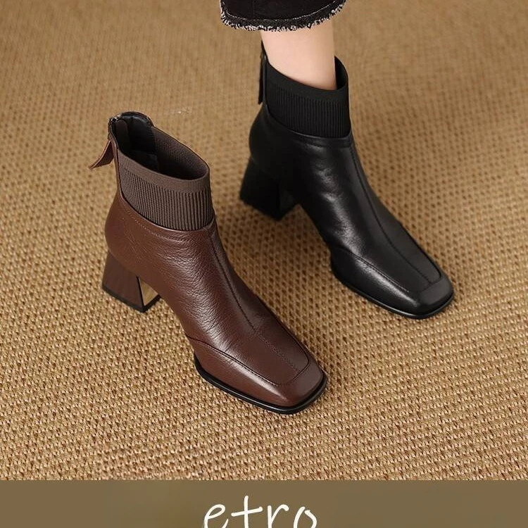 【万达撤柜】秋冬新款法式高跟短靴女粗跟马丁靴显瘦方头百搭瘦瘦靴