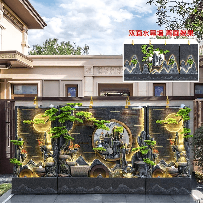 山水秋铭双面水幕墙庭院摆件仿真组合风景唯美润泽适用展示