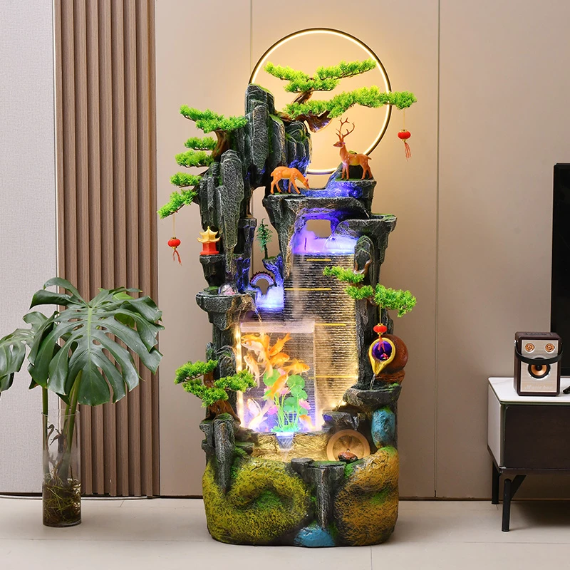 山水秋铭假山流水喷泉创意造景观办公室灯圈边循环水落地流水摆件