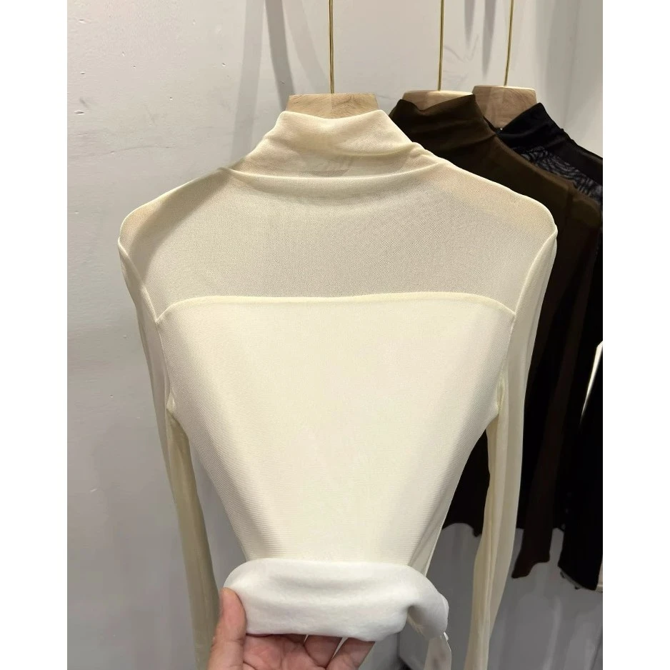 高级感加绒网纱蕾丝打底小衫女春秋季新款半高领修身内搭性感上衣