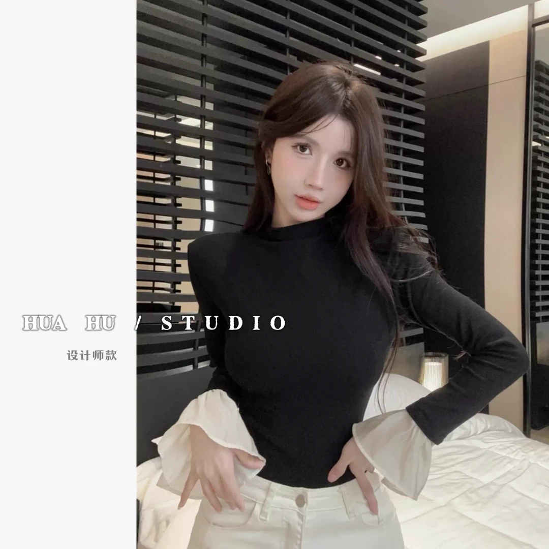 黑色半高领打底衫女内搭秋冬加绒喇叭袖上衣2025new冬