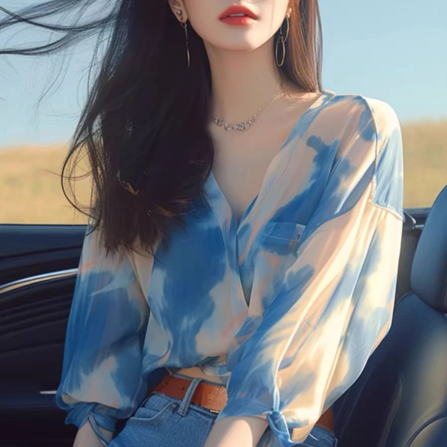高级感扎染V领七分袖衬衫女2024夏季新款别致独特小衫宽松小上衣