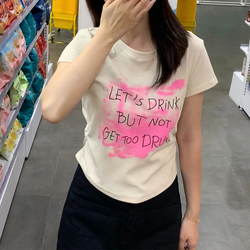 创意涂鸦印花小众设计上衣2025夏季新款抽褶收腰显瘦圆领短袖T恤