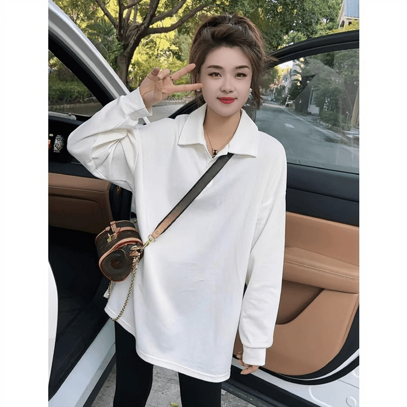 纯白内搭长袖T恤女2023春秋新款polo领时尚宽松打底衫中长款上衣