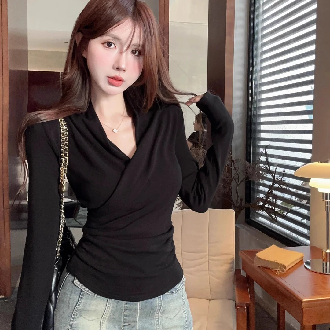 2025春秋高级感打底衫女内搭洋气交叉褶皱V领长袖T恤短款修身上衣