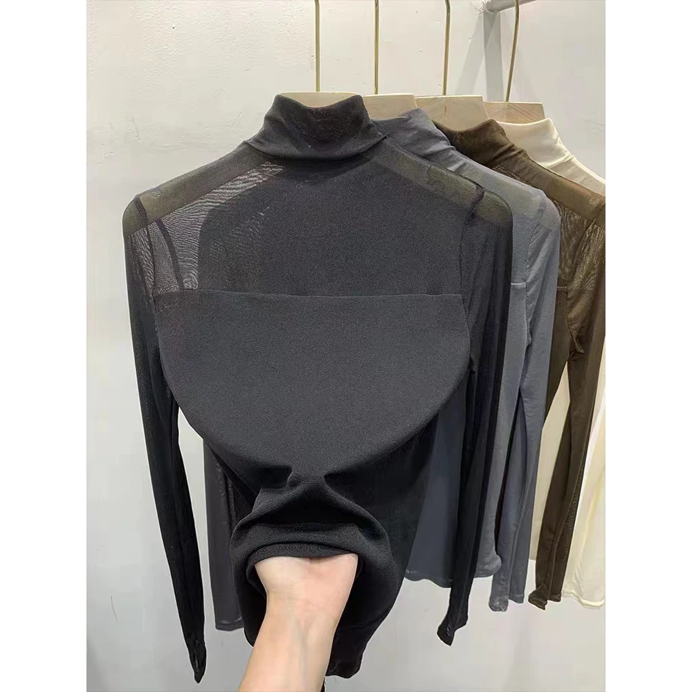百搭网纱半高领打底衫女装2025春秋内搭长袖T恤显瘦修身上衣