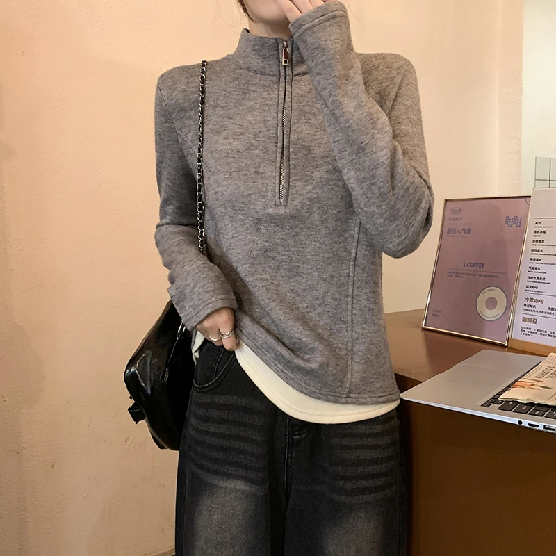 6046半高领百搭德绒假两件撞色上衣网红长袖显瘦修身时尚拉链T恤