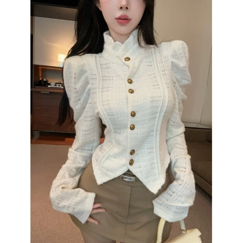 秋冬设计感小众洋气上衣木耳边立领单排扣衬衫女法式气质长袖衬衣