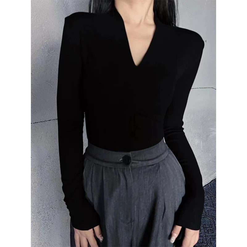 美式高级感V领内搭长袖T恤女2025春秋冬新款黑色打底衫修身上衣潮