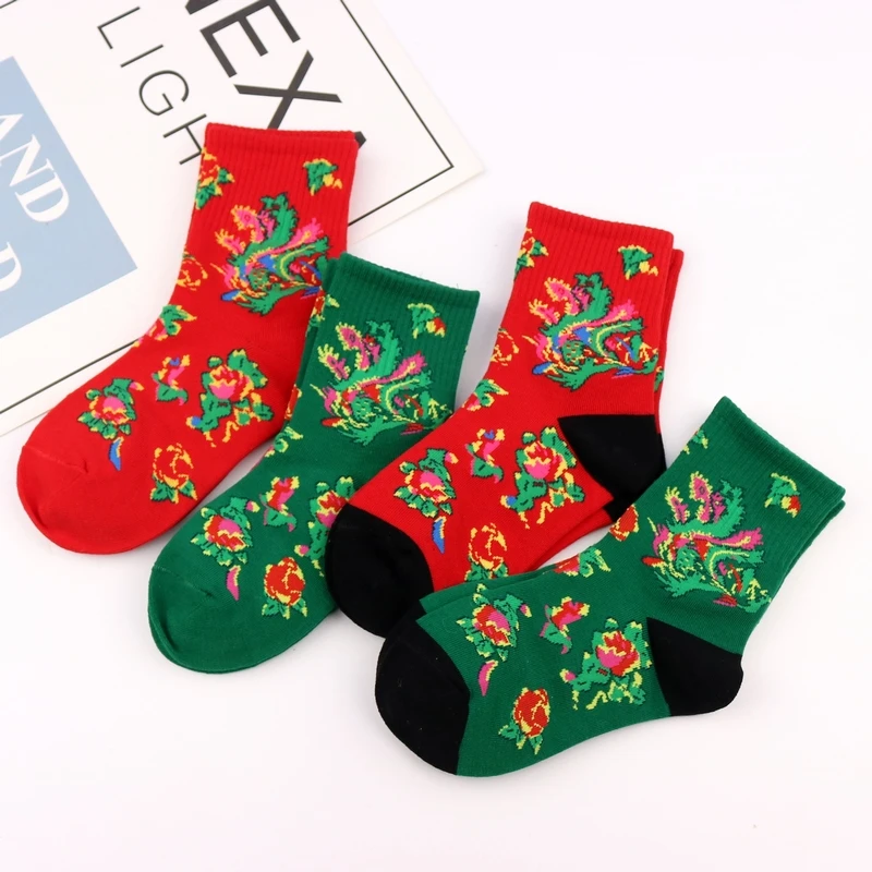 东北大花秋冬季儿童新年袜洋气复古中长筒棉袜男童女童潮袜民族风