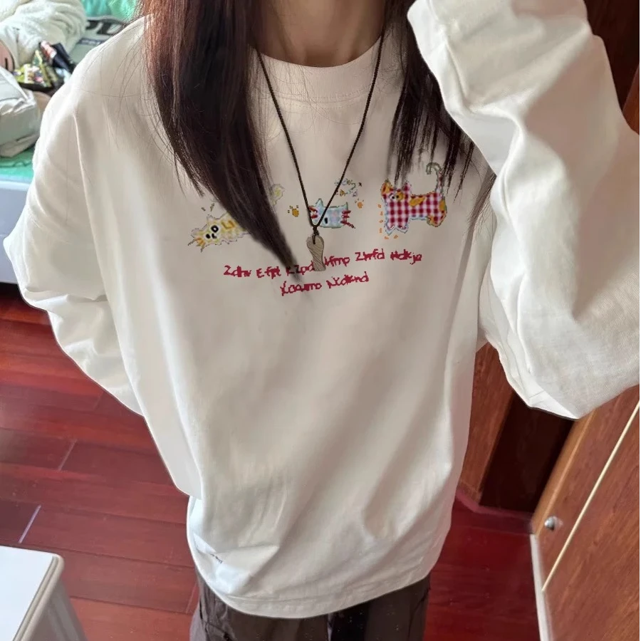 100%纯棉白色正肩长袖t恤女2025新爆款设计感小众宽松内搭打底衫