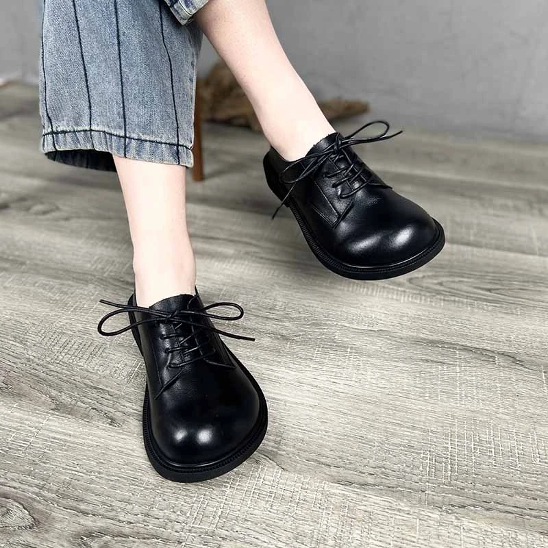 艺鞜2025春季新款真皮大圆头娃娃鞋休闲鸭掌系带低跟英伦风单鞋女