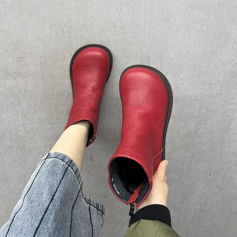 艺鞜2025年冬季新款大头真皮加绒新中式后拉链红色马丁靴保暖短靴