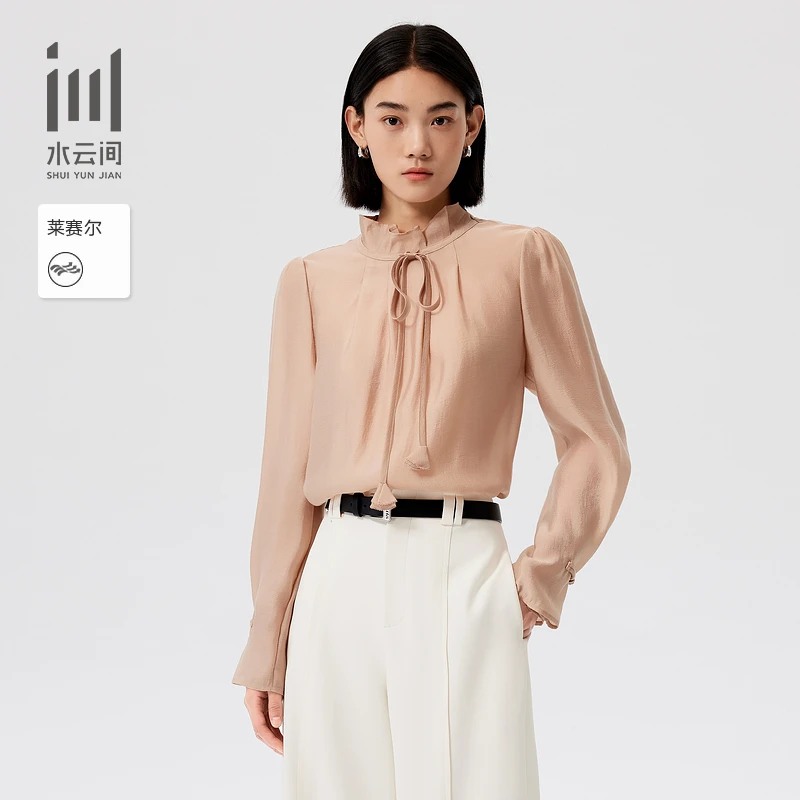 特女装 半高领显瘦法式宽松飘带气质衬衫上衣24秋12430732