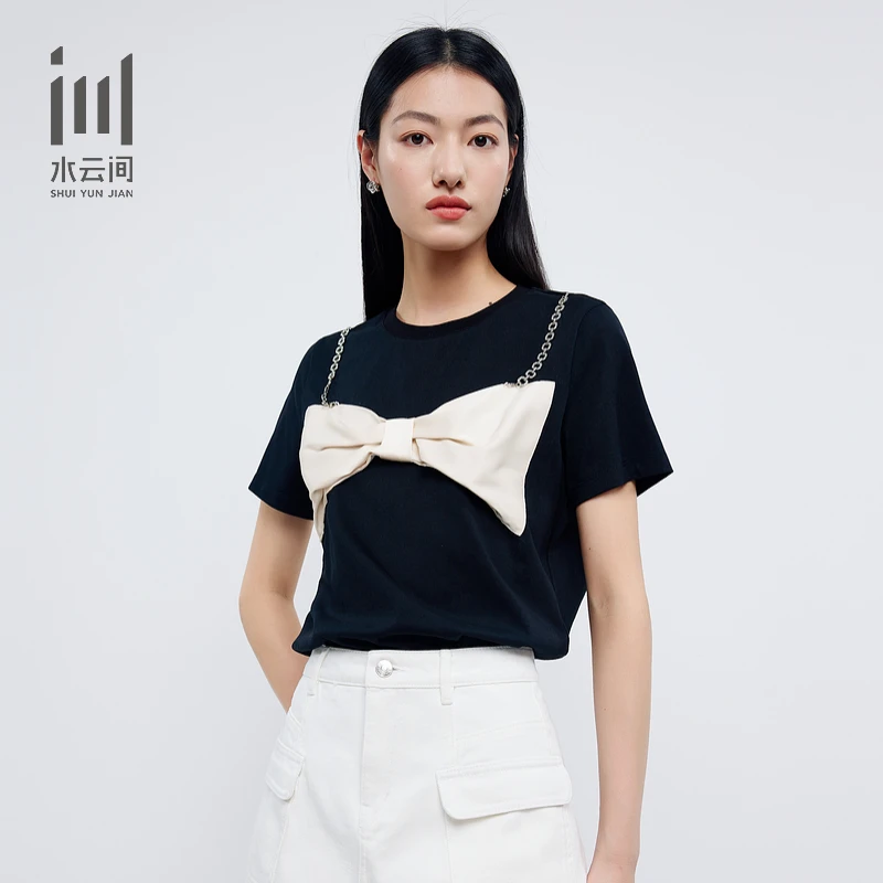 【618直播立减】水云间圆领设计感蝴蝶结针织衫T恤女上衣12420601